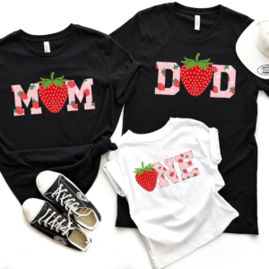 strawberry first birthday family matching t shirts – mom, dad & one year old