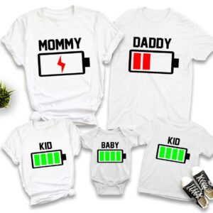 funny battery family matching t shirts set – mommy, daddy, kids & baby