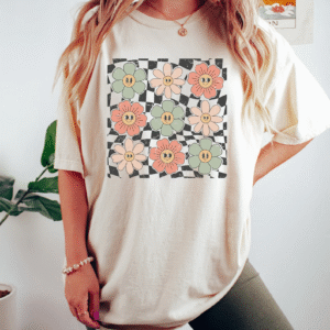 retro floral checkered smiley t shirt