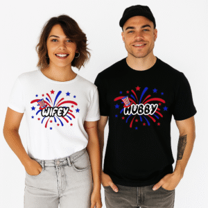 wifey & hubby matching couple t shirts – fun fireworks design
